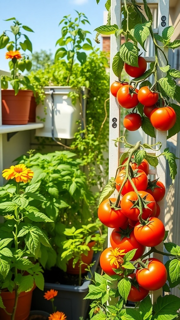 A diverse tomato garden with containers, vertical trellises, and companion plants under a sunny sky.